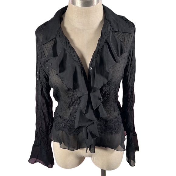 ROBBIE BEE SHEER ruffled black blouse long sleeves polyester medium like new - Picture 1 of 12